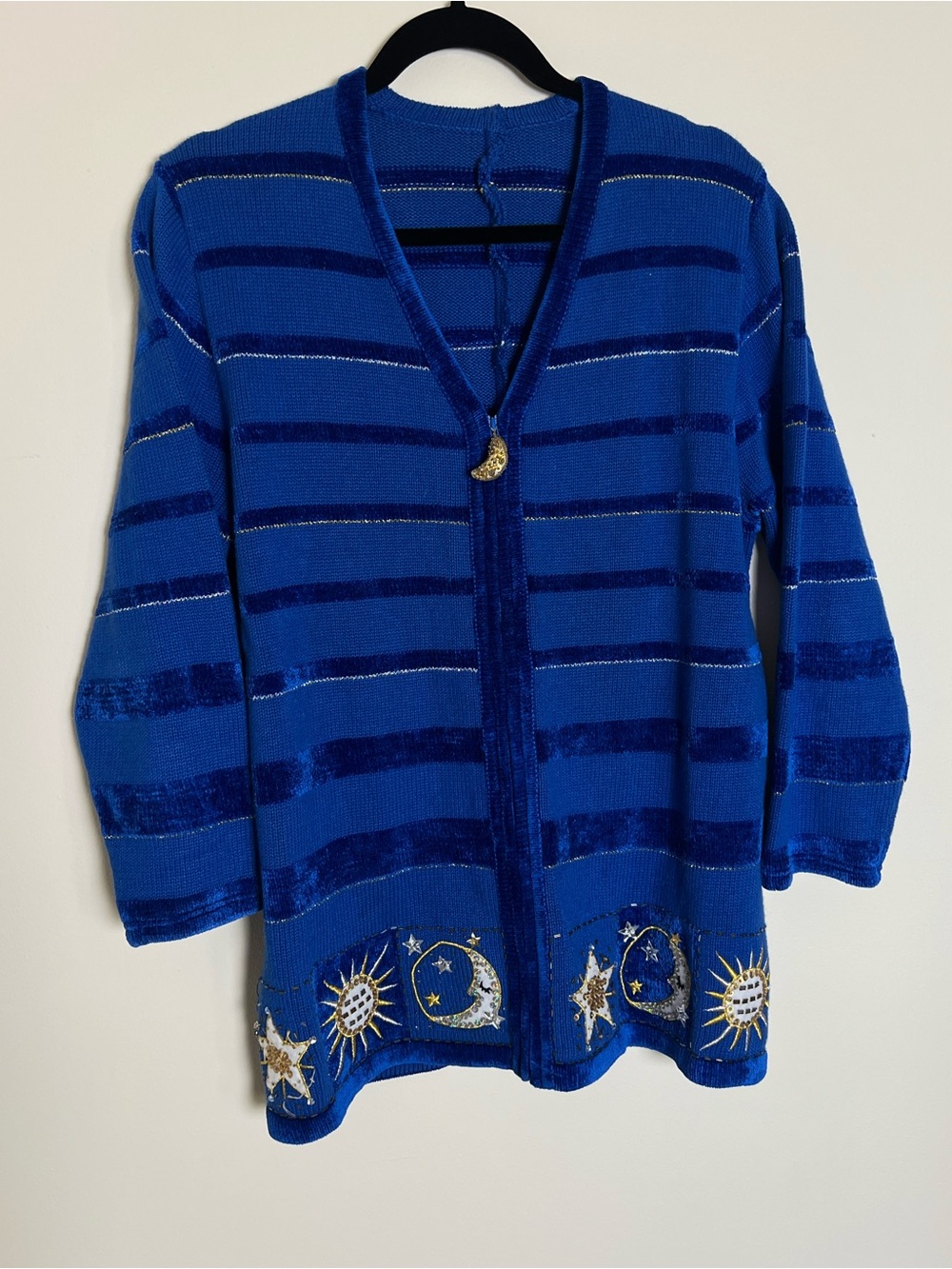 Blue Beaded Embroidered Moon & Stars Vintage Zip Up Cardigan